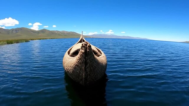 Hand-woven reed boat floats peacefully on a vast blue lake under clear sky