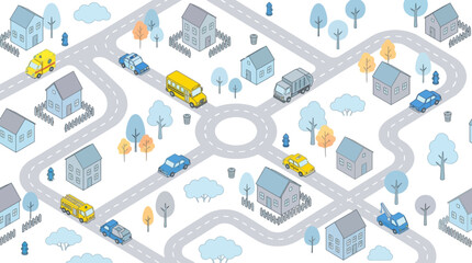 Seamless Isometric Cartoon Town Map Pattern with Cute Houses, Roads, and Community Vehicles for Kids' Designs and Urban Themes © Anung