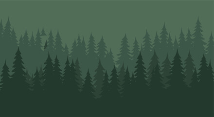 Obraz premium A stylized illustration features a silhouette of evergreen trees against a muted green background, evoking a peaceful and calming mood, suitable for nature-themed designs.