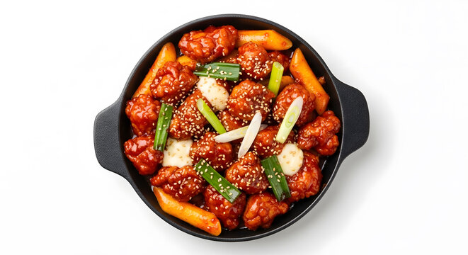AI PHOTO - Still life, close up overhead hot spicy cheese chicken buldak shot in a black plate against a white background for easier editing use