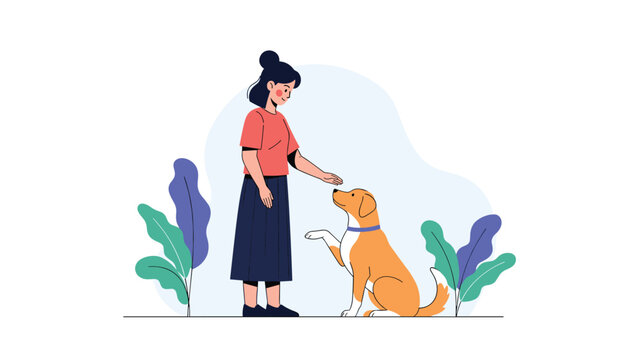 Young woman standing and training her pet dog to give a paw as a trick while interacting in an outdoor environment with plants.