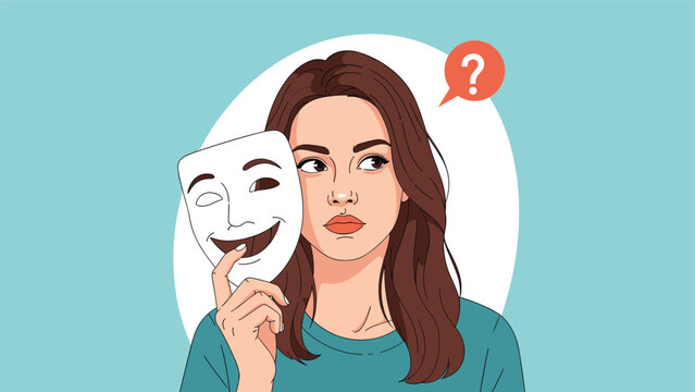 Young woman holding a smiling theatrical mask while her real face shows a pensive and thoughtful expression with a question mark.