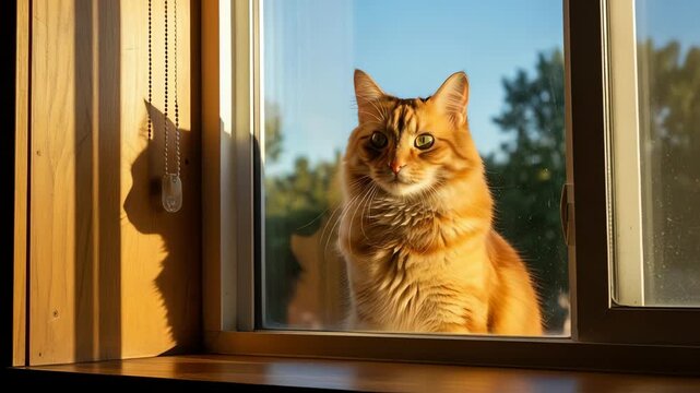 A golden tabby cat gazes curiously through a sunlit window, surrounded by a serene garden backdrop