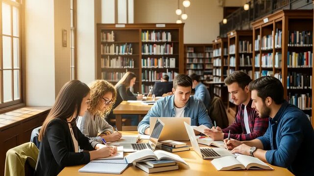 Students collaborating in a library study session with books and laptops in a bright setting