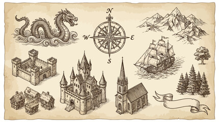 Vintage Fantasy Map Elements Set with Hand-Drawn Sea Monster, Castle, Ship, Compass, Mountains & Trees. Old Map Adventure & Medieval Era Engraving Illustrations. © Anung