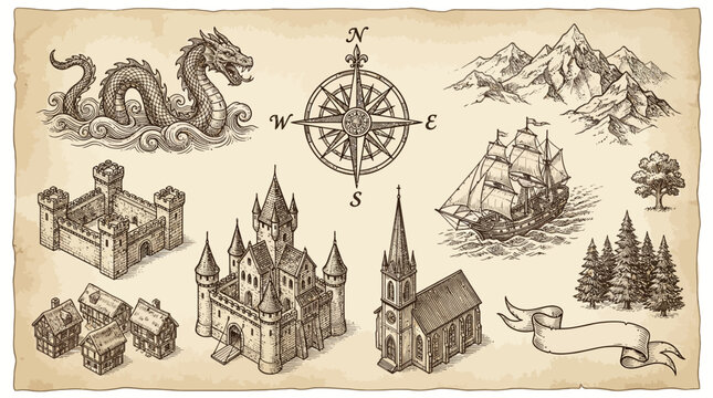 Vintage Fantasy Map Elements Set with Hand-Drawn Sea Monster, Castle, Ship, Compass, Mountains & Trees. Old Map Adventure & Medieval Era Engraving Illustrations.