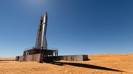 Space Rocket on Desert Launchpad under Bright Blue Sky