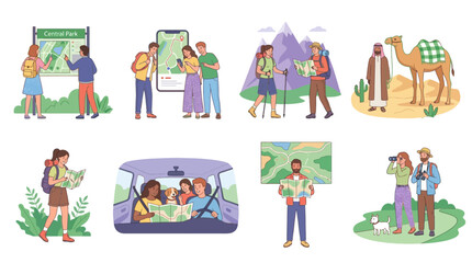 Fototapeta premium Travel & Navigation Illustrations: Diverse People Using Maps, GPS, and Exploring Various Destinations