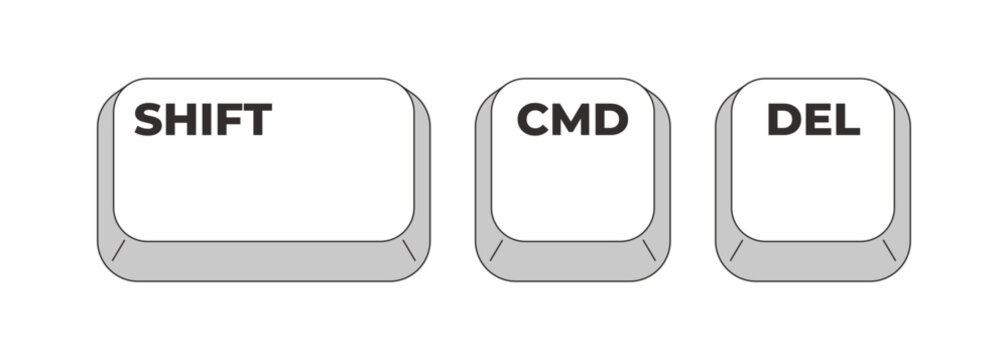 Shift CMD Delete grayscale keyboard hotkey. Empty trash. System cleanup. File removal. Deleted items folder. Minimal shortcut keys. Monochrome combination buttons for productivity. Vector illustration