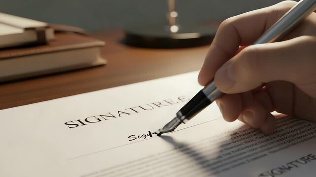 Close-up of a hand signing a document with a fountain pen on a wooden desk, books and lamp in background