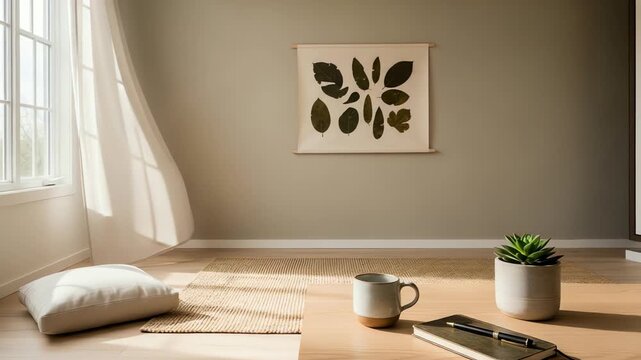Minimalist interior with natural decor featuring a leaf wall hanging and cozy seating