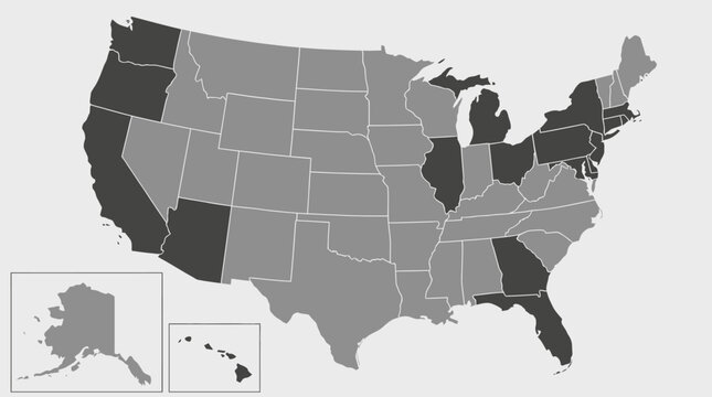 Simplified United States Map with Highlighted States. Ideal for Data Visualization, Regional Analysis, and Business Strategy presentations, including Alaska and Hawaii.