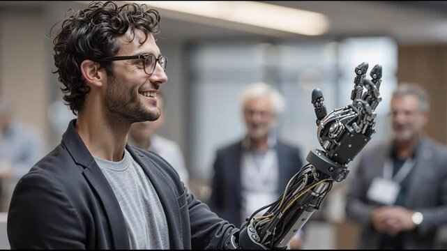 Man showing bionic arm prosthesis. Innovator presenting advanced robotic limb during conference. Future technology demonstration.