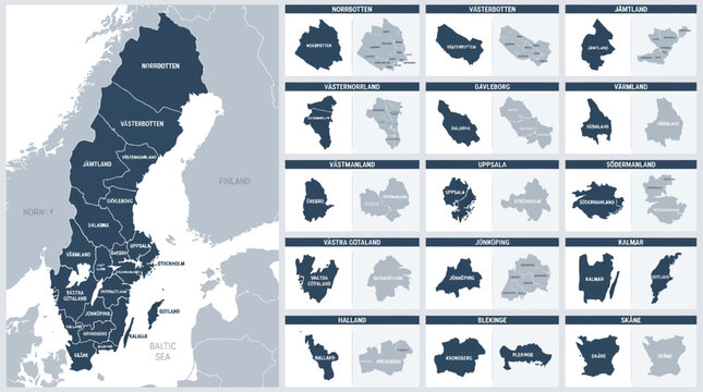 Sweden Political Map with Administrative Divisions: Detailed Vector Outlines of Counties and Municipalities for Geography and Planning