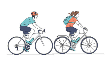 Fototapeta premium Fit man and woman enjoying a bike ride outdoors while wearing appropriate gear for a healthy and active lifestyle in the fresh air.