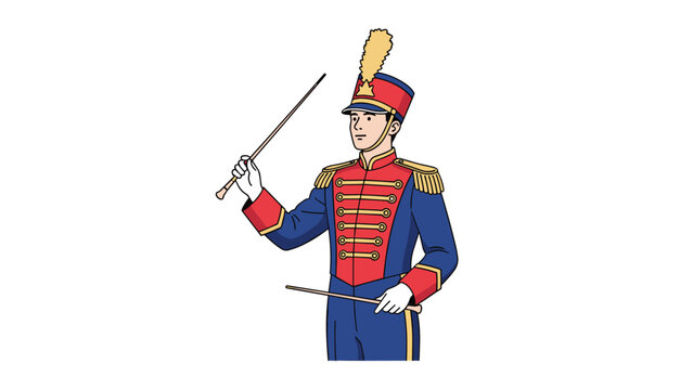 Proud conductor of a marching band stands tall while wearing a traditional blue and red uniform with a feathered shako hat.