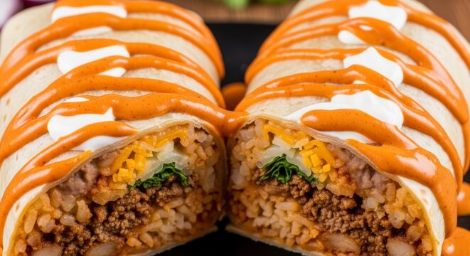 A burrito cut in half reveals layers of seasoned ground beef, rice, beans, and cheese. Drizzled with orange chipotle sauce and white crema, the golden tortilla sits on a dark plate.