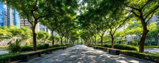 Fototapeta premium Public park urban green corridor connecting city buildings with dense tree canopy