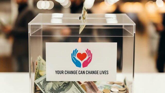 A transparent donation box filled with cash and coins, promoting a charitable cause in a busy setting