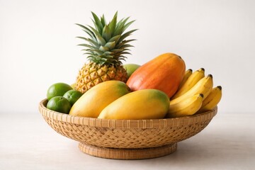 A woven basket overflowing with a vibrant assortment of fresh tropical fruits