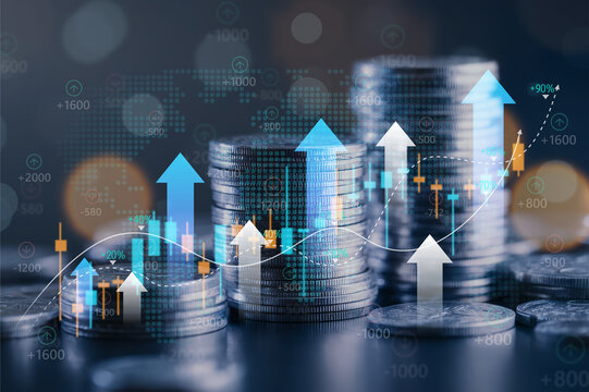 Capital Gain and World Money Concept: Financial Graph, Market Chart and Coin Stack for Business Finance Investment and Economic Growth.