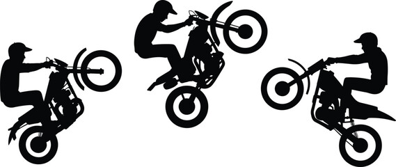 Silhouettes of motorcyclists performing stunts on dirt bikes on white background motorcycle stunts motocross © ripon29