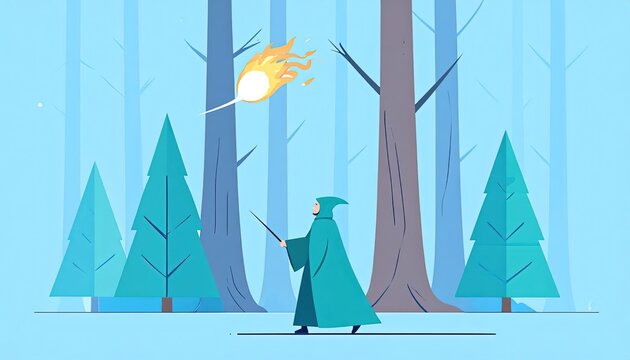 Cartoon wizard casting fireball spell in whimsical forest setting