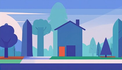 Fototapeta premium Cartoon-style illustration of a house with trees on a street with a blue sky