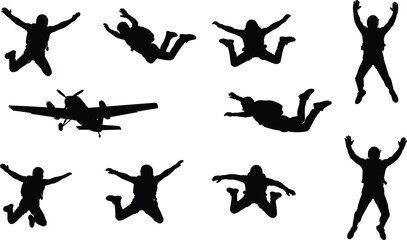 Skydiver silhouettes jumping from airplane in various freefall positions extreme sport parachuting adventure activity concept isolated on white background vector illustration set © Rafin's World