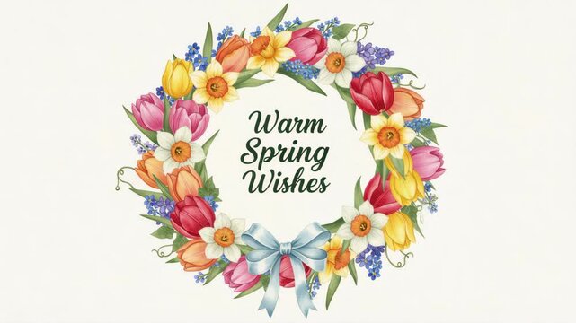 A floral spring greeting design with a charming circular arrangement featuring an elegant font and a blue ribbon