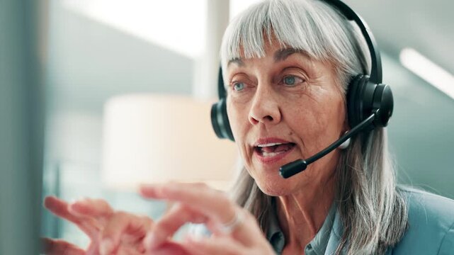 Computer, talk or woman with headset in contact center, explain troubleshooting steps or customer care. Help desk, speaking or mature agent with advice for tech support, guidance or client assistance