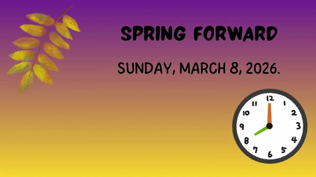 Spring Forward Daylight Saving Time Animated Greeting with Clock and Autumn Leaves Background