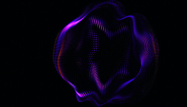 Vibrant purple and pink neon mesh sphere with glowing dots on black background for futuristic technology and digital design