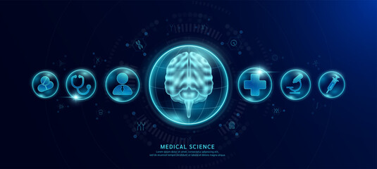 Plakat Science medical banner dark blue. Brain hologram in transparent spherical dome along with the icons of a doctor plus sign and syringe. Vector EPS10.