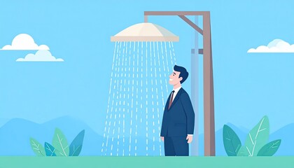 Obraz premium Cartoon-style illustration of a suited man enjoying an outdoor shower under a blue sky