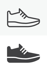 Sport sneakers shoe icon set for running footwear. Line outline and solid icon versions with editable stroke. Vector sign and symbol for training shoe equipment sneaker icon.