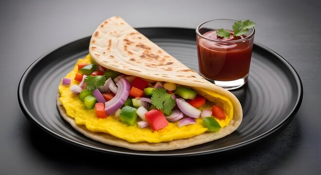 Healthy Breakfast Omelet Wrap with Fresh Bell Peppers and Onions served with Tomato Sauce on Plate
