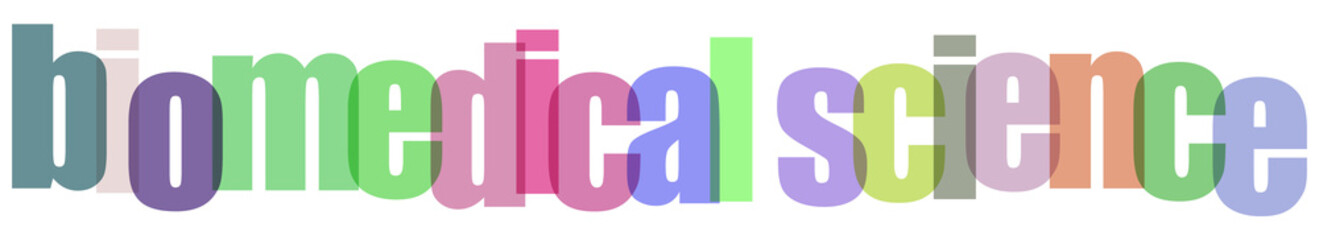 Colorful and layered text spelling out 'biomedical science' in a vibrant, modern design.