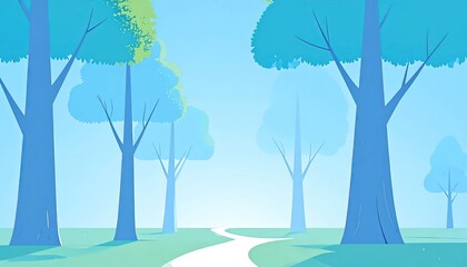 Obraz premium Cartoon-style forest scene featuring tall trees and a winding path, bathed in soft light