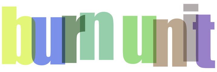 Overlapping colorful letters spell the phrase burnt unit against a black background design