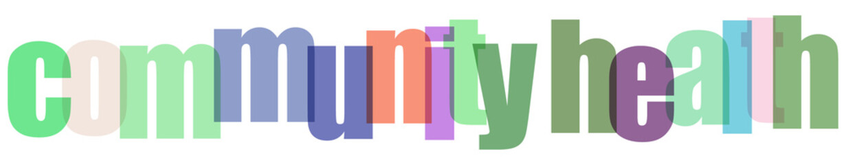 Vibrant typography with overlapping, colorful letters spelling out the words "community health" visually. © Tabassum Studio