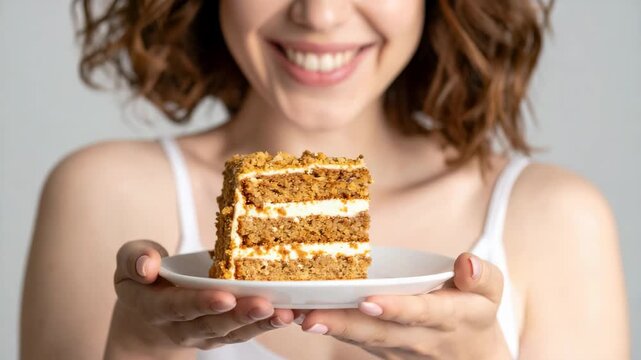 Happy woman holding delicious layered cake slice on white plate