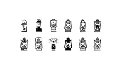 Minimal Camping Lamp Line Icon Collection Outdoor Lantern Vector Set on White Background © Meerazul