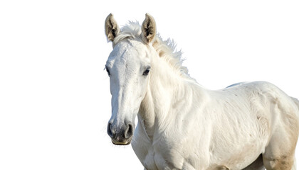 Obraz premium A beautiful photograph of a white male horse with a flowing mane against a white background