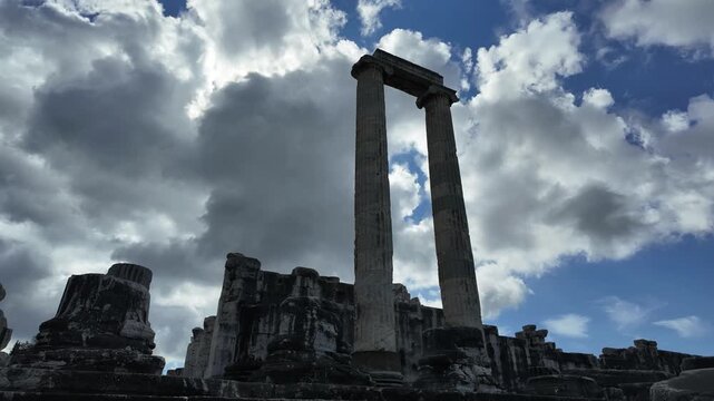 Ancient Columns Of Temple Of Apollon Under Dramatic Sky. High quality 4k footage