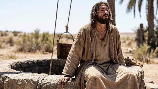 Tired Jesus Resting at Jacob's Well in Samaria