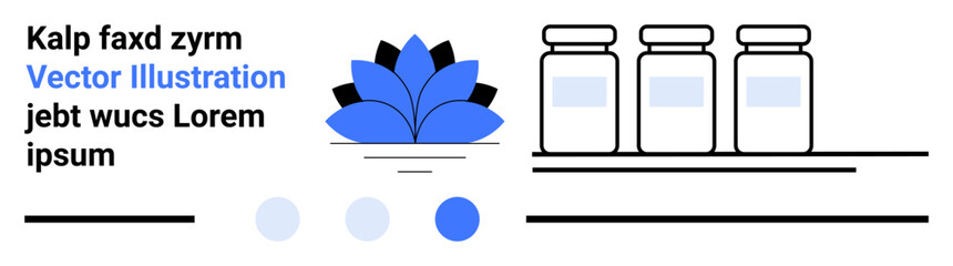 Blue flower, three bottles, abstract text lines, dots, and artistic accents. Ideal for wellness, minimalism, packaging, branding health creativity simple landing page © robu_s