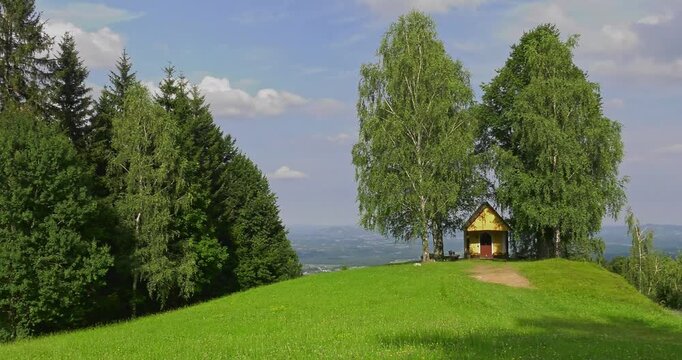 Chapel in spring in the mountains of Styria, Jugendheim W. Garanas. Jugendheim W. Garanas