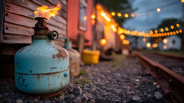 Rusted propane tank burns softly against a warm evening glow