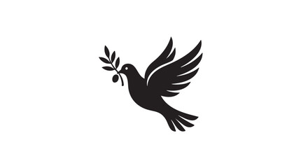 Fototapeta premium Simple black vector illustration of a dove carrying an olive branch symbolizing peace and harmony in a minimalist design concept on a white background.